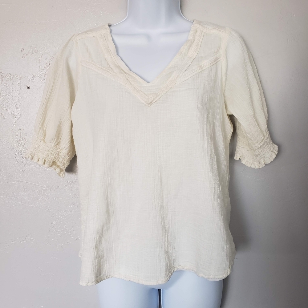 Polagram Small Ivory Quarter Sleeve Blouse V-neck Smock Cuff Boho Top Shirt